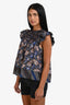 Ulla Johnson Brown/Blue Printed Cotton Blend Ruffled Shoulder Top Size 4