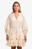 Zimmermann Cream Cotton Embroidered Pom-Pom Belted Long Sleeve Midi Dress Size 3