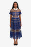Self-Portrait Blue/Beige Embroidered Floral Collared Short Sleeve Midi Dress Size 0