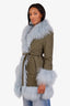 Charlotte Simone Green/Blue Faux Fur Trimmed Belted Jacket Size S