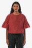Top Weekend Max Mara en nylon rouge brûlé à manches bouffantes, taille 0