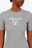 Prada Grey Silk Logo Ribbed Knit Short Sleeve Sweater Size 36