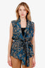 Brunello Cucinelli Blue/Brown Patterned Silk Tie Blouse Size XXL