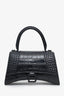 Balenciaga Black Croc Embossed Small Hourglass Top Handle Bag With Strap