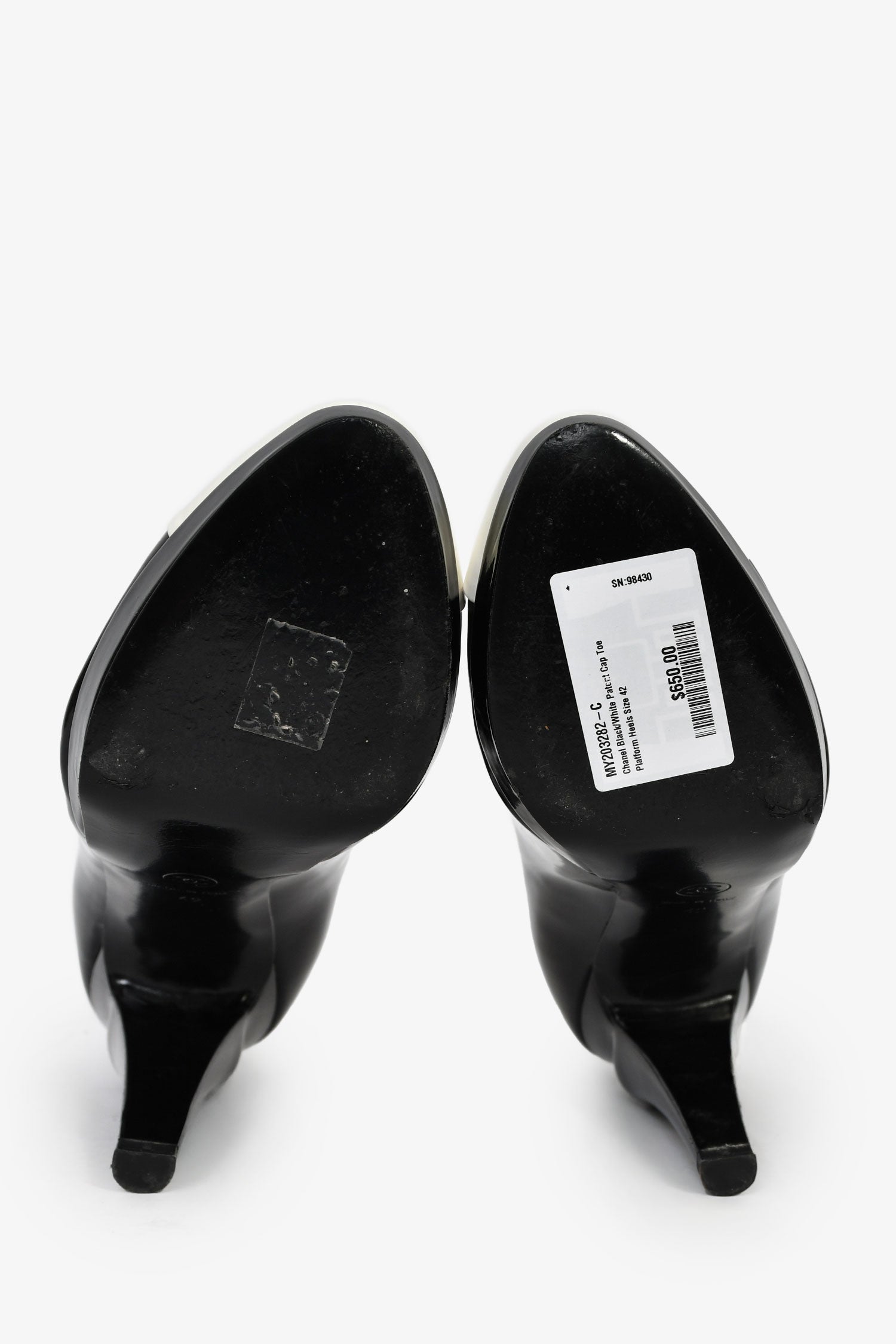 Pre-loved Chanel™ Black/White Patent Cap Toe Platform Heels Size