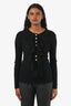 Balmain Black Wool Ribbed Ruffle Front Gold Button Sweater Size 36