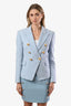 Balmain Light Blue Cotton Tweed Double Breasted Gold Button Blazer Size 34