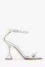 Amina Muaddi White Leather Crystal Embellished Ankle Strap Heels Size 37