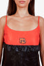 Prada Black/Orange Leather Logo Patch Ruffled Slip Dress Size 42