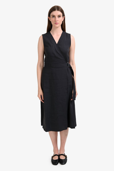 theory sleeveless a line wrap dress Sleeveless Wrap Dress in Silk Crepe-Black