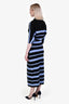 Proenza Schouler Black/Blue Wool Silk Horizontal Stripe Short Sleeve Collared Midi Dress Size S