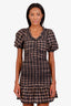 Ganni Black/Brown Seersucker Check Ruched Mini Dress Size 32