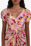 Cinq à Sept Purple/Yellow Satin Floral Ruched Short Sleeve Midi Dress Size 0
