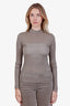 Saint Laurent Taupe Silk Logo Mock Neck Ribbed Shirt Size S