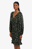 Sandro Black/Multicolour Satin Floral Ruched Long Sleeve Midi Dress Size 40