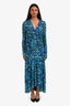 Ganni Blue Multicolour Mesh Floral Print Stretch Maxi Wrap Dress Size 38
