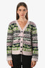 Ganni Cream/Green Wool Blend All Over Logo Graphic Button Down Cardigan Size M