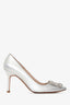 Manolo Blahnik Silver Metallic Leather Crystal Embellished Hangisi Heels Size 36.5