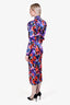 Rotate Purple/Multicolour Colour-Block Floral Mock-Neck Poof Long Sleeve Midi Dress Size 2