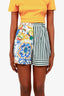 Dolce & Gabbana White/Multicolour Cotton Floral Stripe High Waisted Mini Shorts Size 38
