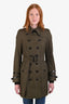Burberry Green Trench Coat with Black Leather Trim Size 6