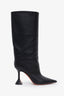 Amina Muaddi Black Leather Fiona Mid-Calf Heeled Boots Size 37.5