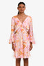 Maje Pink/Orange Satin Floral Ruched Cut-Out Long Sleeve Mini Dress Size 42