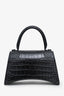 Balenciaga Black Croc Embossed Small Hourglass Top Handle Bag With Strap