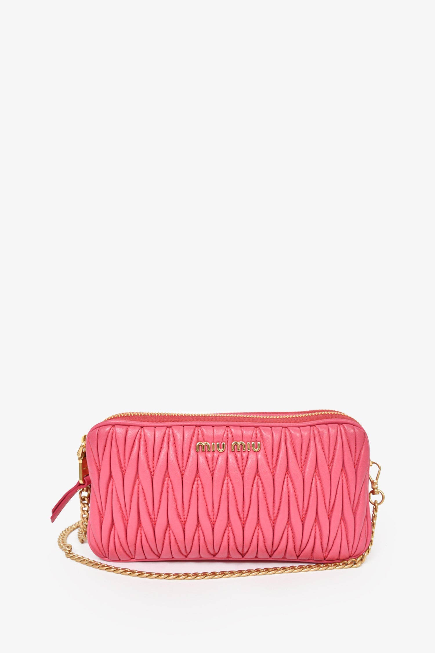 Miu Miu Pink Matelasse Leather Double Zip Chain Crossbody GHW
