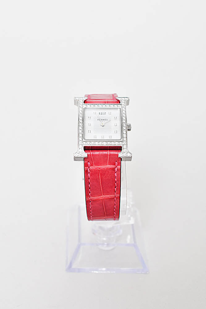 Hermes Pink Alligator Leather Diamond Heure Small Model H Jeu Watch