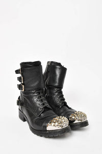 Miu Miu Black Leather Combat Boot w/ Embellished Toe Size 35.5