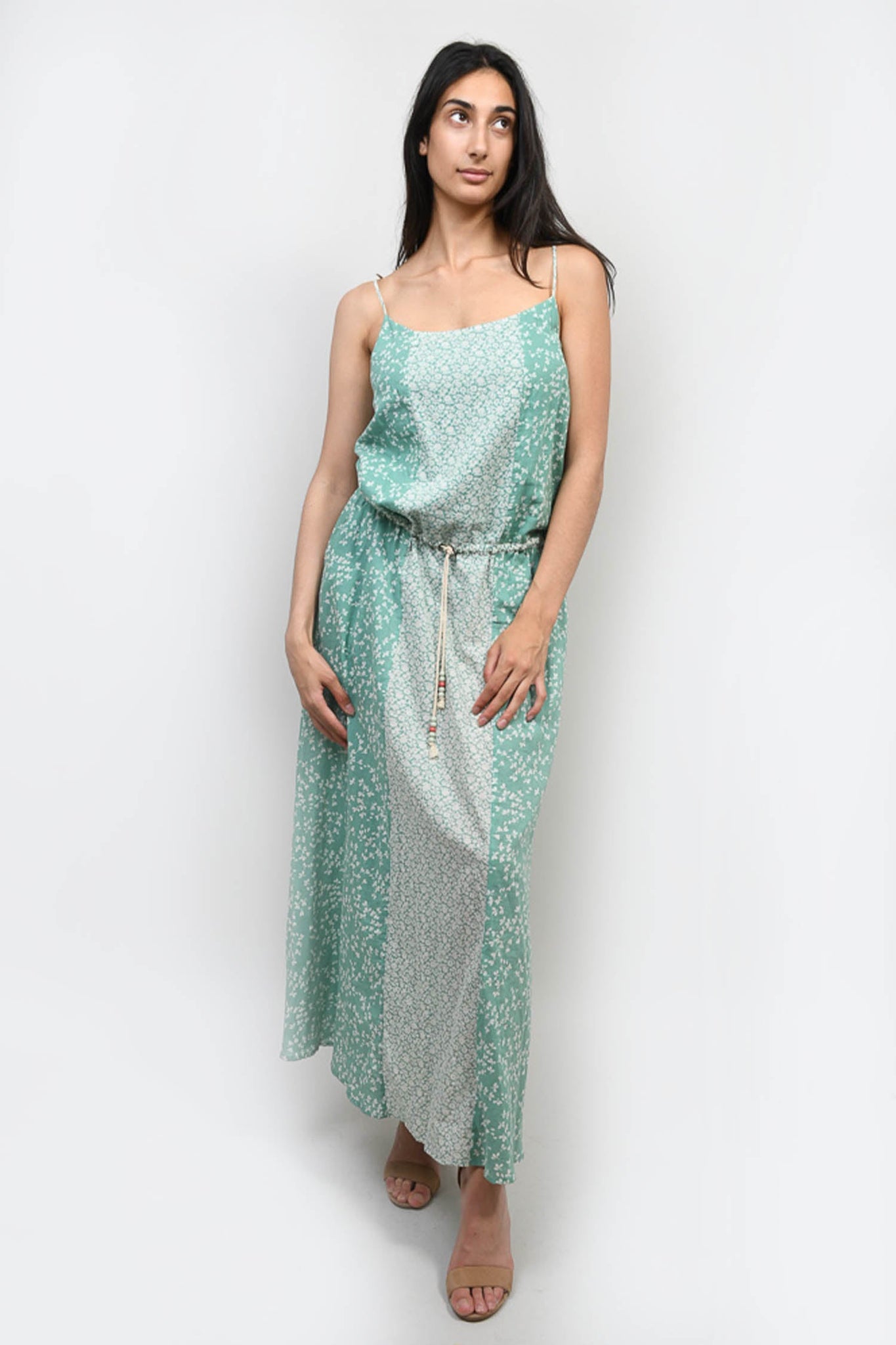 Ba&sh Green/White Floral Cotton Sleeveless Drawstring Tank Maxi Dress Size 1