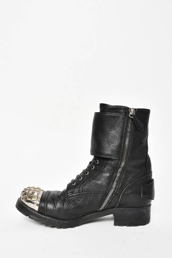 Miu Miu Black Leather Combat Boot w/ Embellished Toe Size 35.5