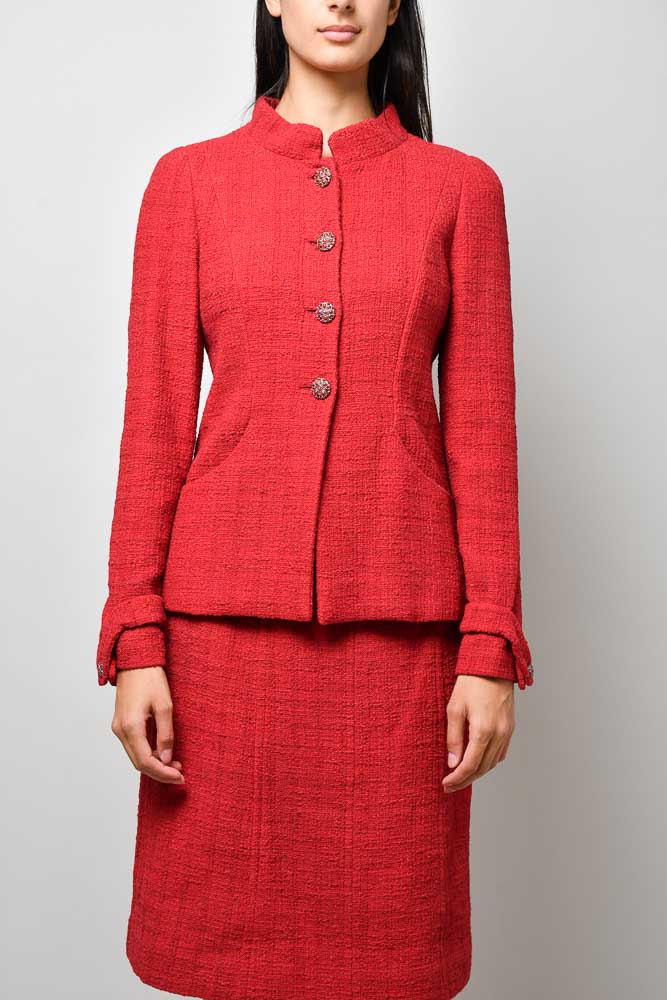 Chanel Vintage Red Tweed/Silk CC Button Blazer + Matching Skirt Set Si –  Mine & Yours