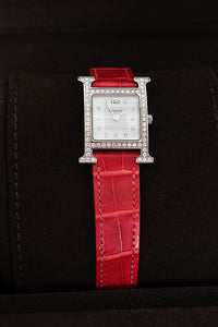 Hermes Pink Alligator Leather Diamond Heure Small Model H Jeu Watch
