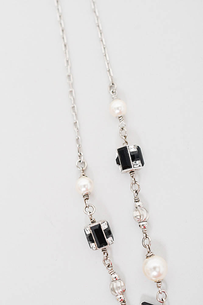 Chanel Silver/Black Crystal "CC" Necklace w/ Pearl Detail