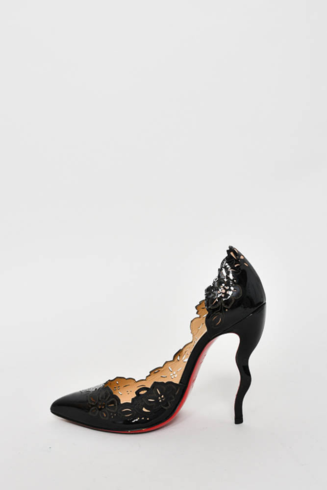 Christian Louboutin Black Patent Floral Waved Heeled Pumps Size 34.5