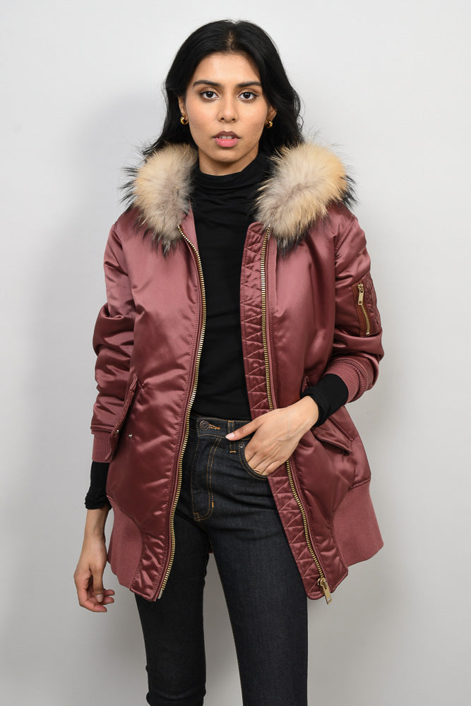 Burberry London Muted Red Satin Longline Bomber Jacket with Fur Trim Hood Size XS