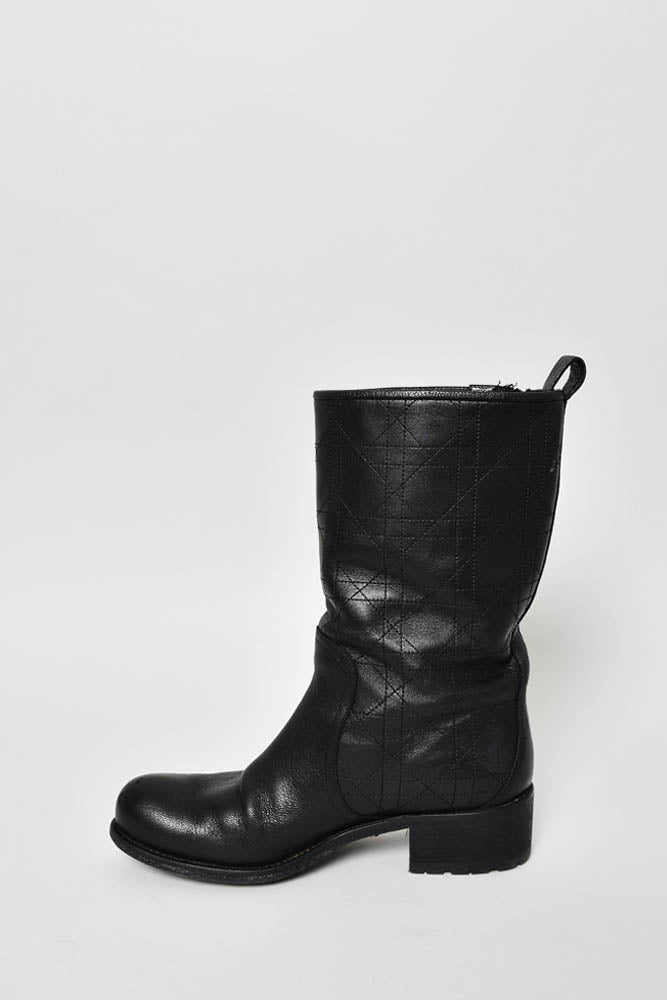 Christian Dior Black Leather Quilted Moto Boot Size 37.5