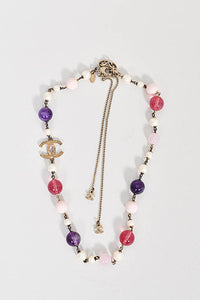 Chanel Pink/Purple Beaded/Faux Pearl/"CC" Station Choker Necklace w/ CC Chain Drop