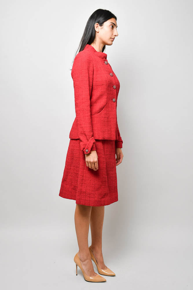 Chanel Vintage Red Tweed/Silk CC Button Blazer + Matching Skirt Set Size 40