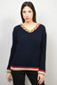 Gucci Blue Cableknit V-Neck Sweater with Red/White/Gold Trim Size S