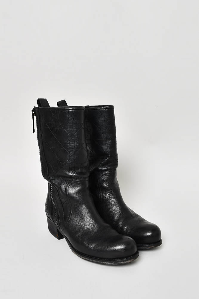 Christian Dior Black Leather Quilted Moto Boot Size 37.5