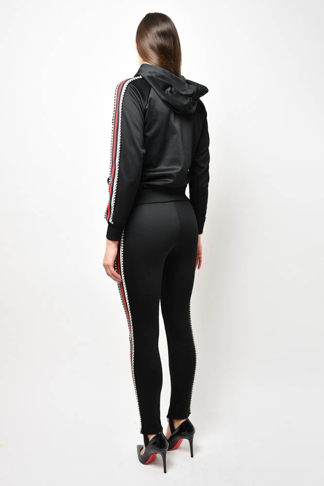 Gucci Black Zip Up Hoodie with Web/Jewel Embellished Sleeves + Riding Pant Set Size XS