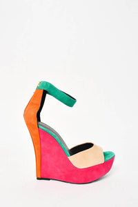 Balmain Pink/Green Suede Colourblock Wedge Sandals Size 37