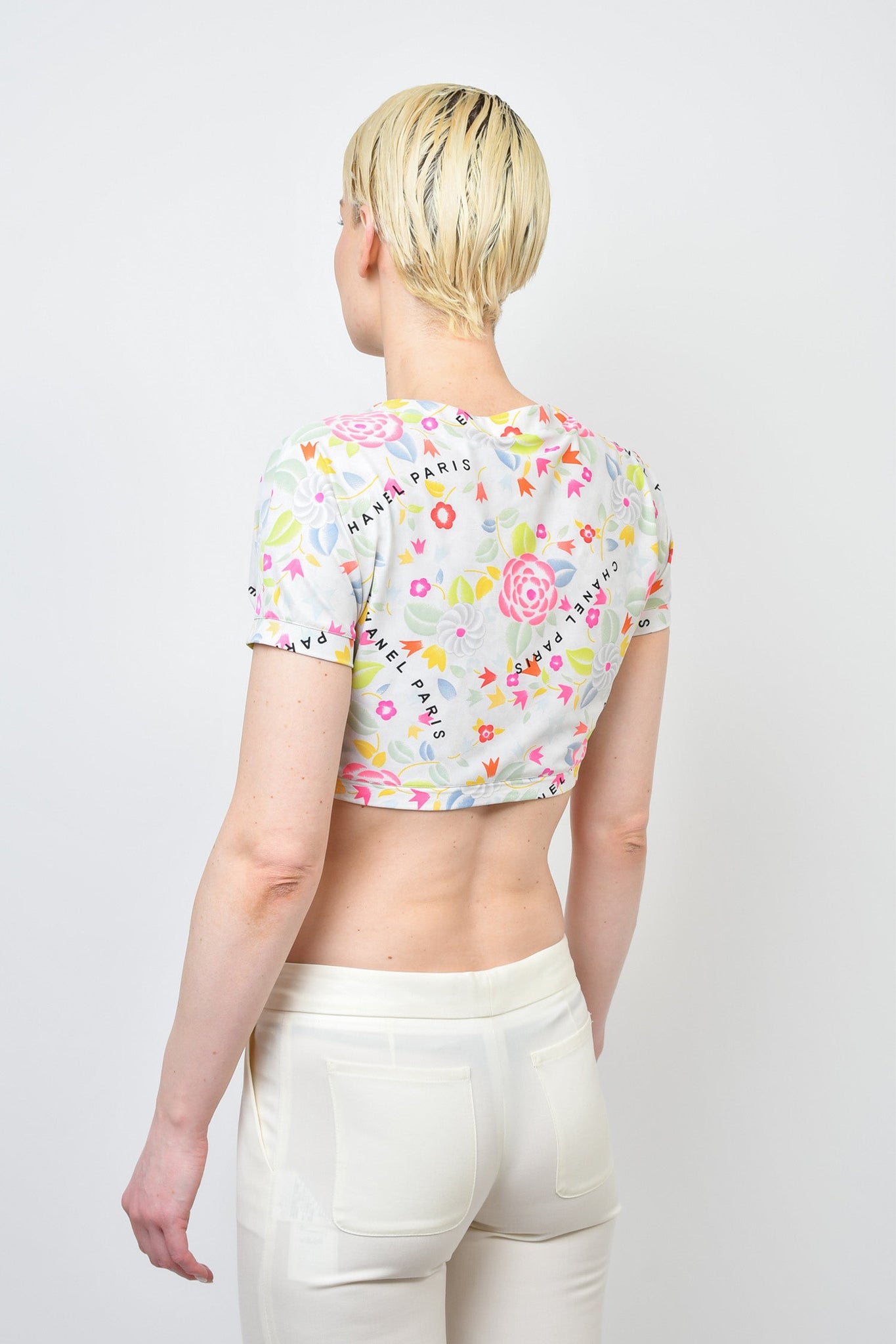 Chanel Vintage 1996 White/Pink Floral/Logo Printed Button Up Cropped Swim Top Size 42