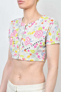 Chanel Vintage 1996 White/Pink Floral/Logo Printed Button Up Cropped Swim Top Size 42