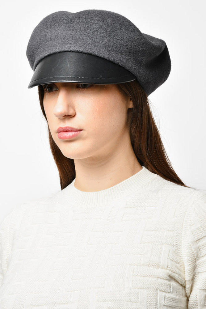 Christian Dior Grey Wool Leather Brimmed Beret Hat Size 57
