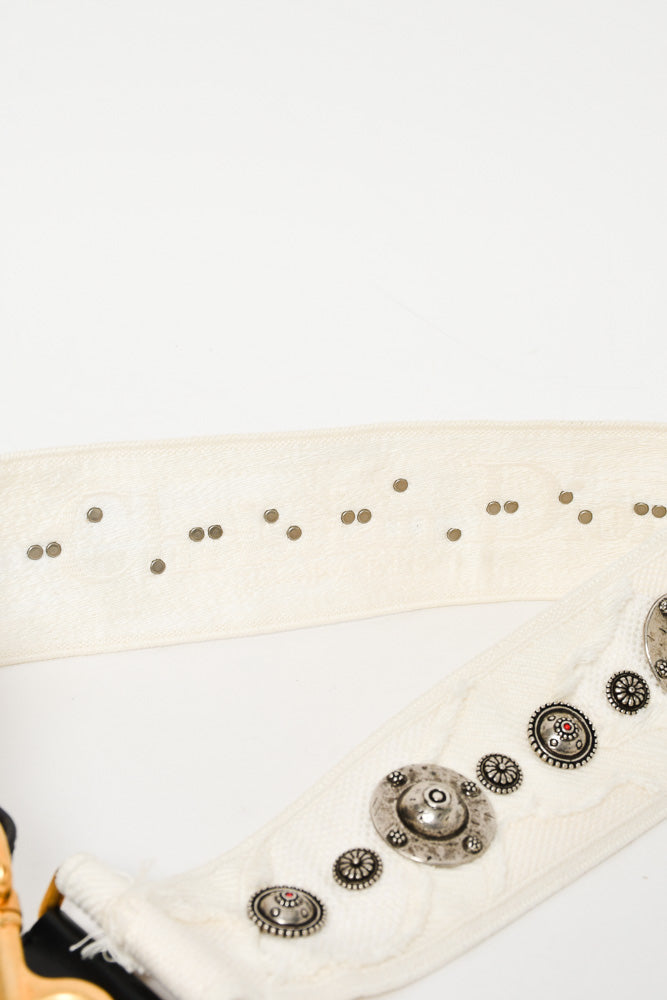 Christian Dior White Fabric/Black Leather Silver Studded Bag Strap