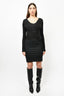 Donna Karan Black Silky L/S Draped Vneck Midi Dress
